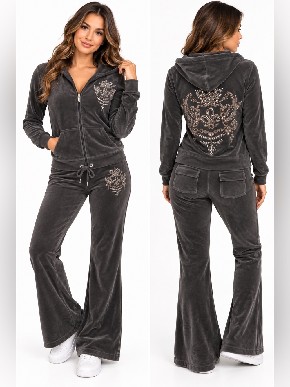 Cello Sportswear Y2K Velour Tracksuit Hoodie & Flare Pants Rhinestone Set M